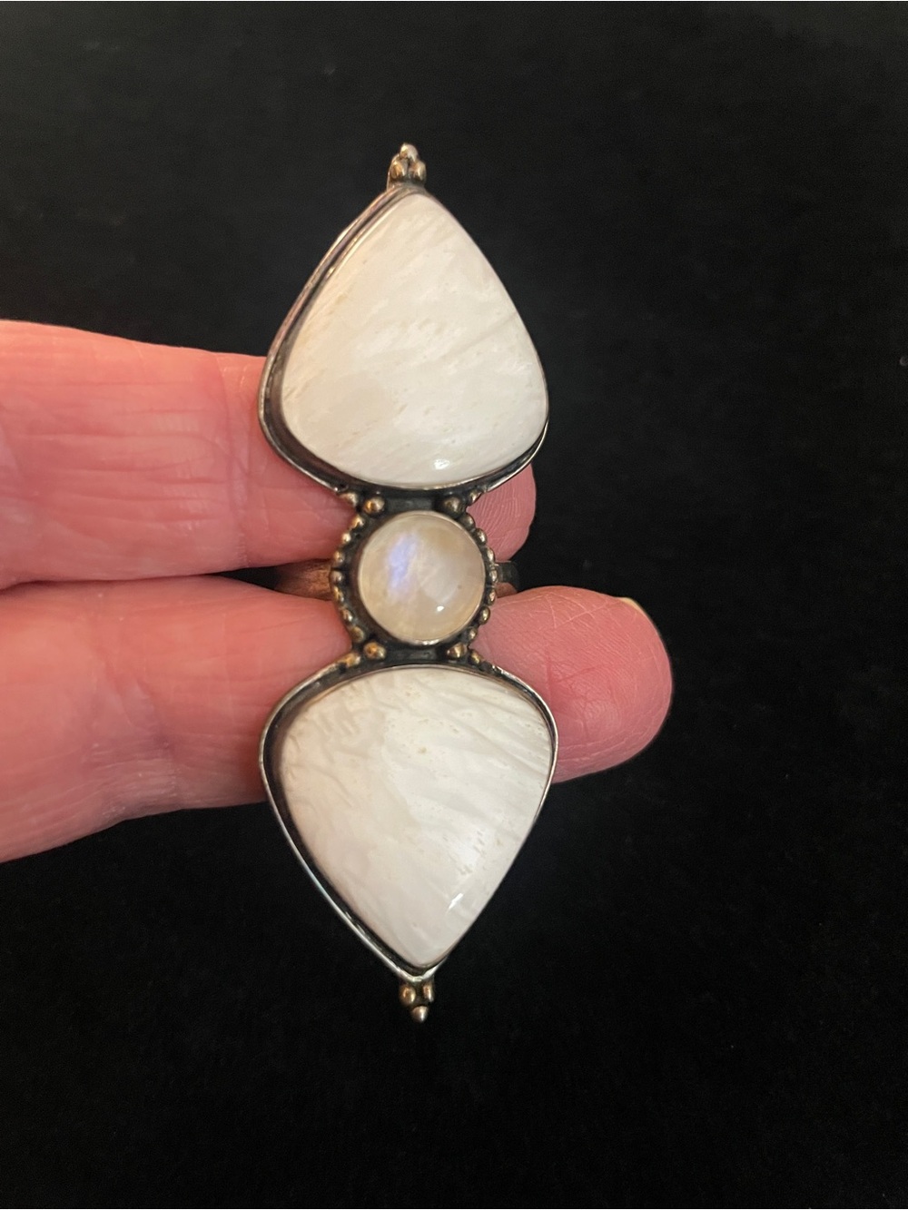 Vintage 925 Sterling Silver triple-stone featuring White Horse & Moonstone adjus